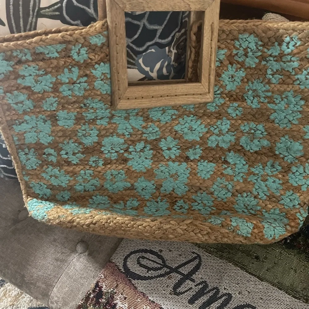 Handwoven Turquoise Floral Jute Tote Bag